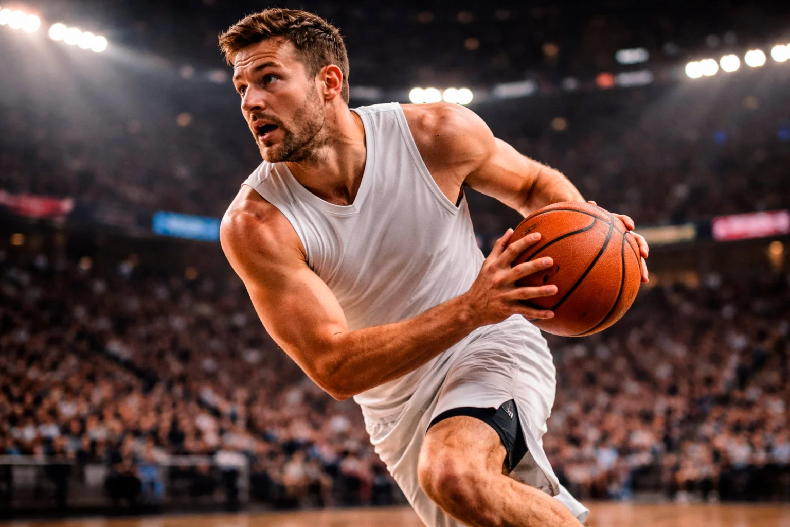 Basketball player in action with statistics overlay concept
