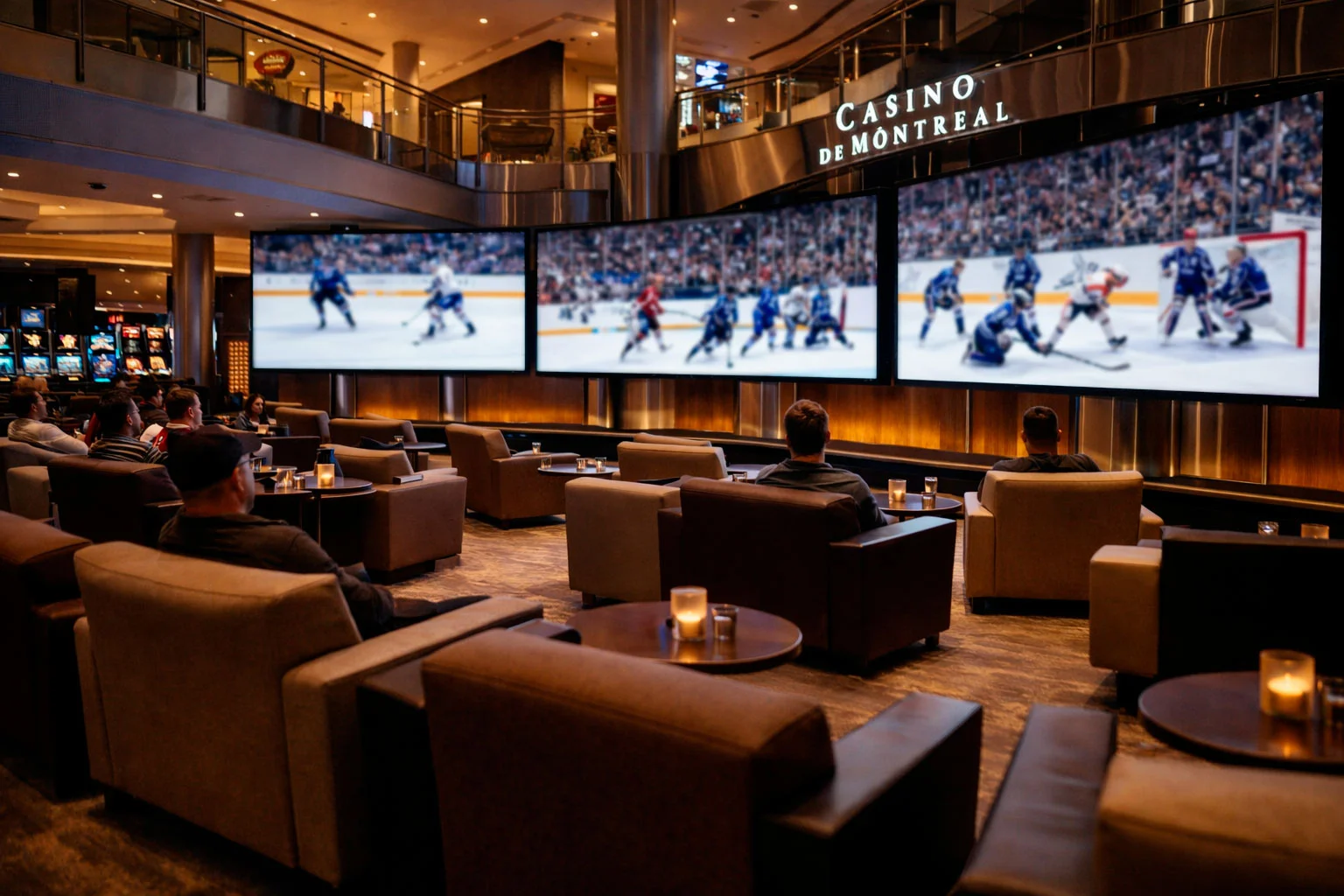 Interior of Casino de Montréal sports lounge with large screens showing live sports
