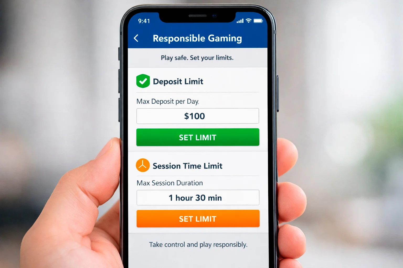 Smartphone showing betting app with limit settings interface