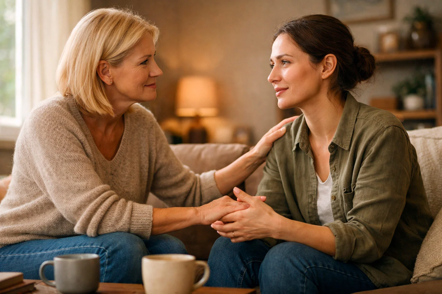 Supportive conversation between two people in comfortable setting