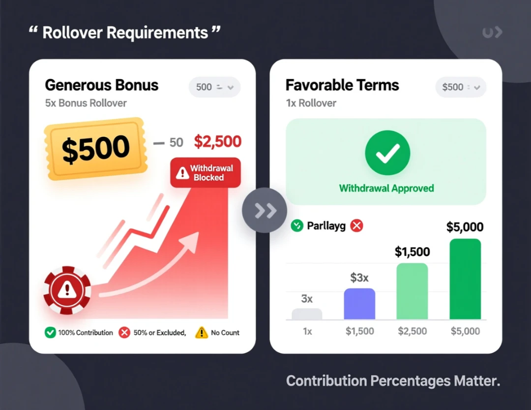Infographic diagram showing playthrough requirements with rollover multiplier, calculator, timer, odds, deadline, and completion badge