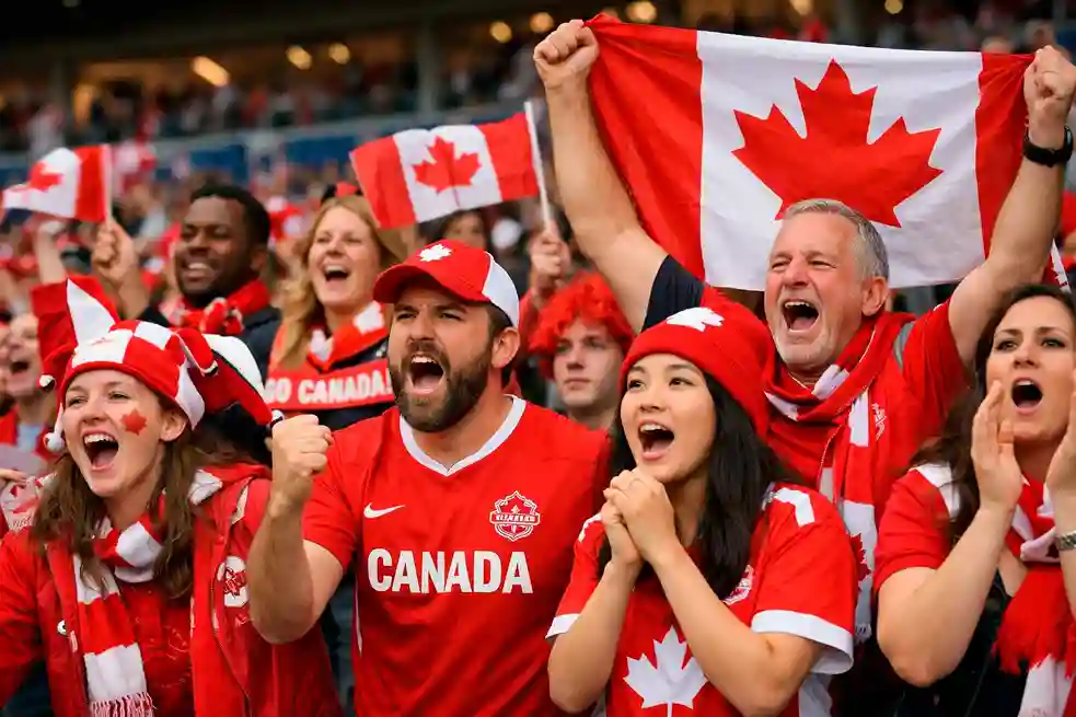 Soccer fans with Canadian flags celebrating at international match