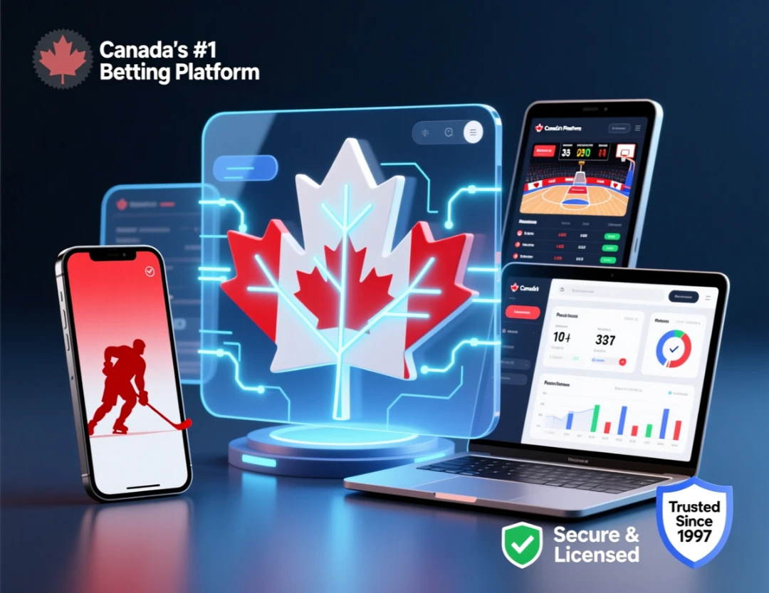 Sports Interaction Canadian betting platform featuring hockey and basketball betting with maple leaf branding and since 1997 reliability badge