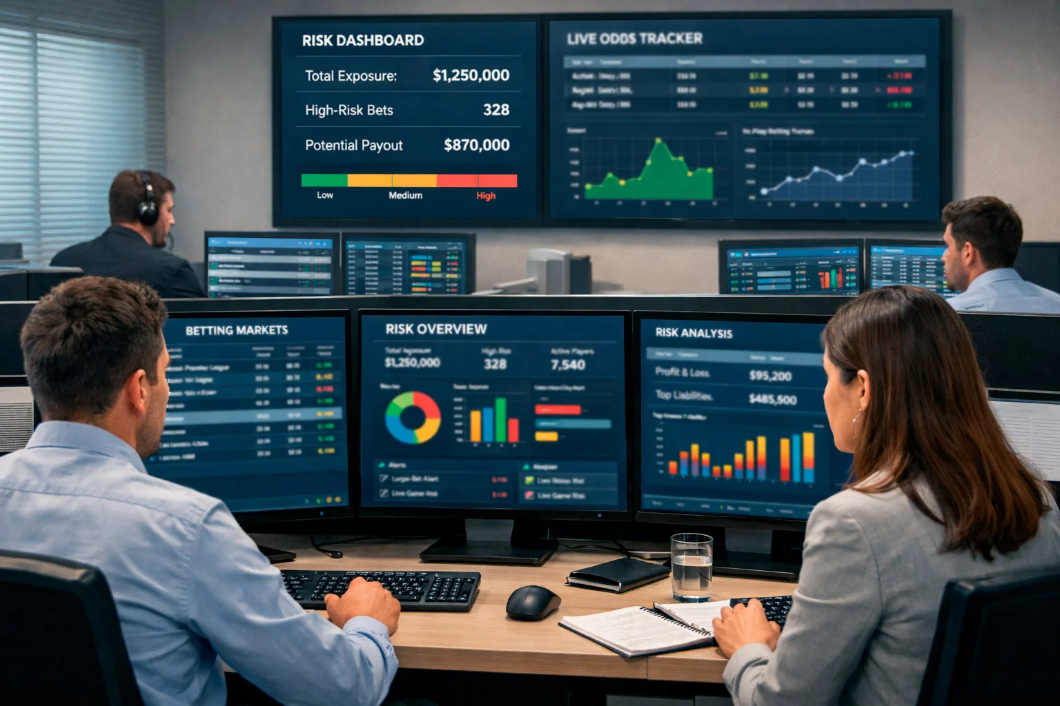 Multiple screens showing betting markets and risk management data