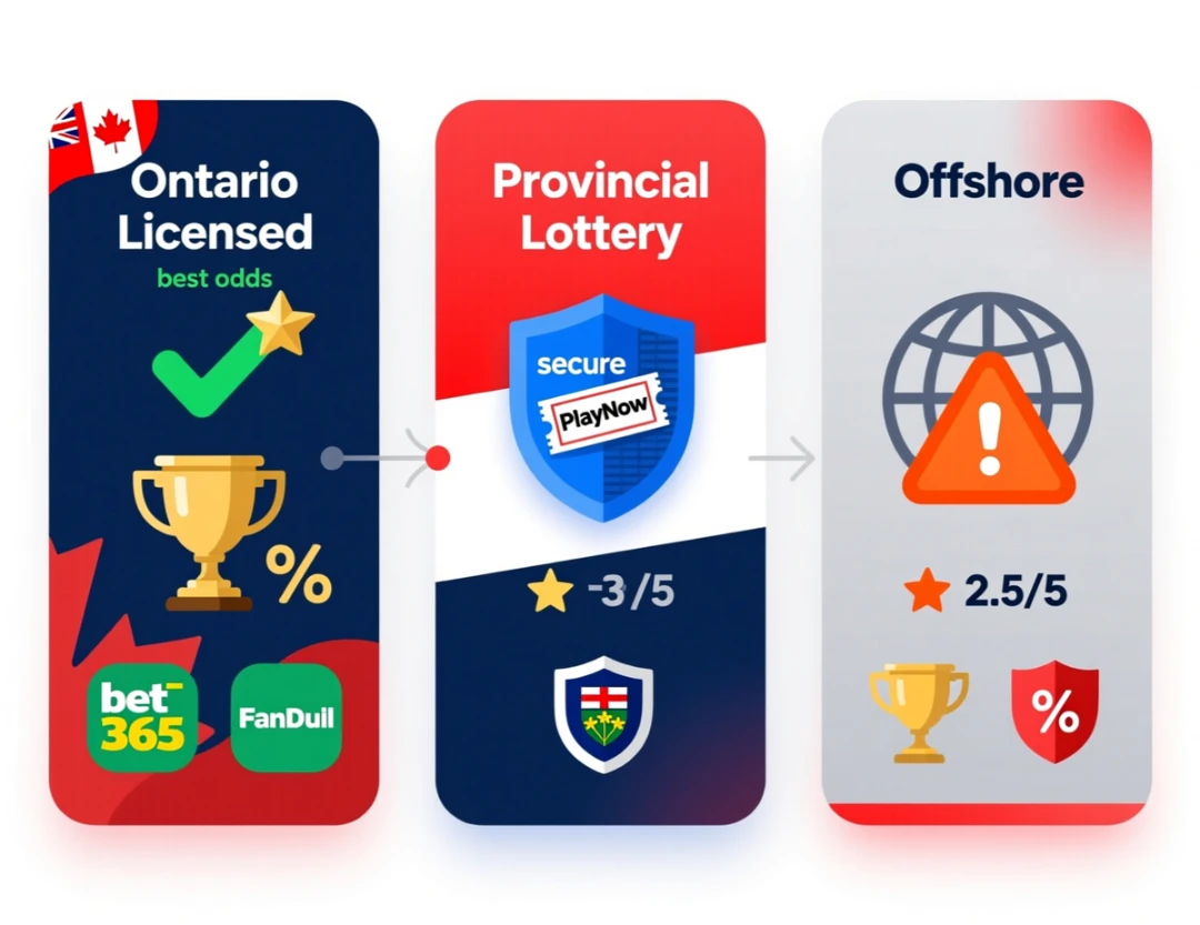Comparison infographic of three Canadian sportsbook types: Ontario licensed, provincial lottery, and offshore platforms