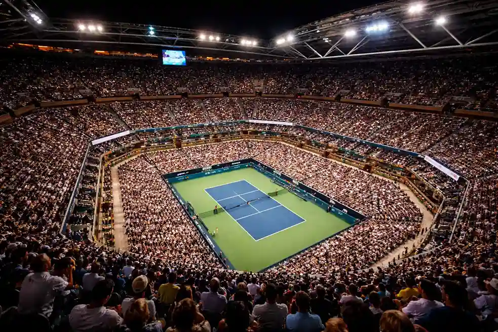 Tennis stadium during Grand Slam tournament with packed crowds