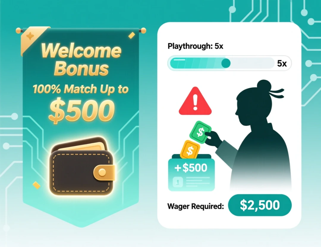 Welcome bonus illustration showing laptop with sportsbook website, deposit match badge, free bet tickets, and bonus elements